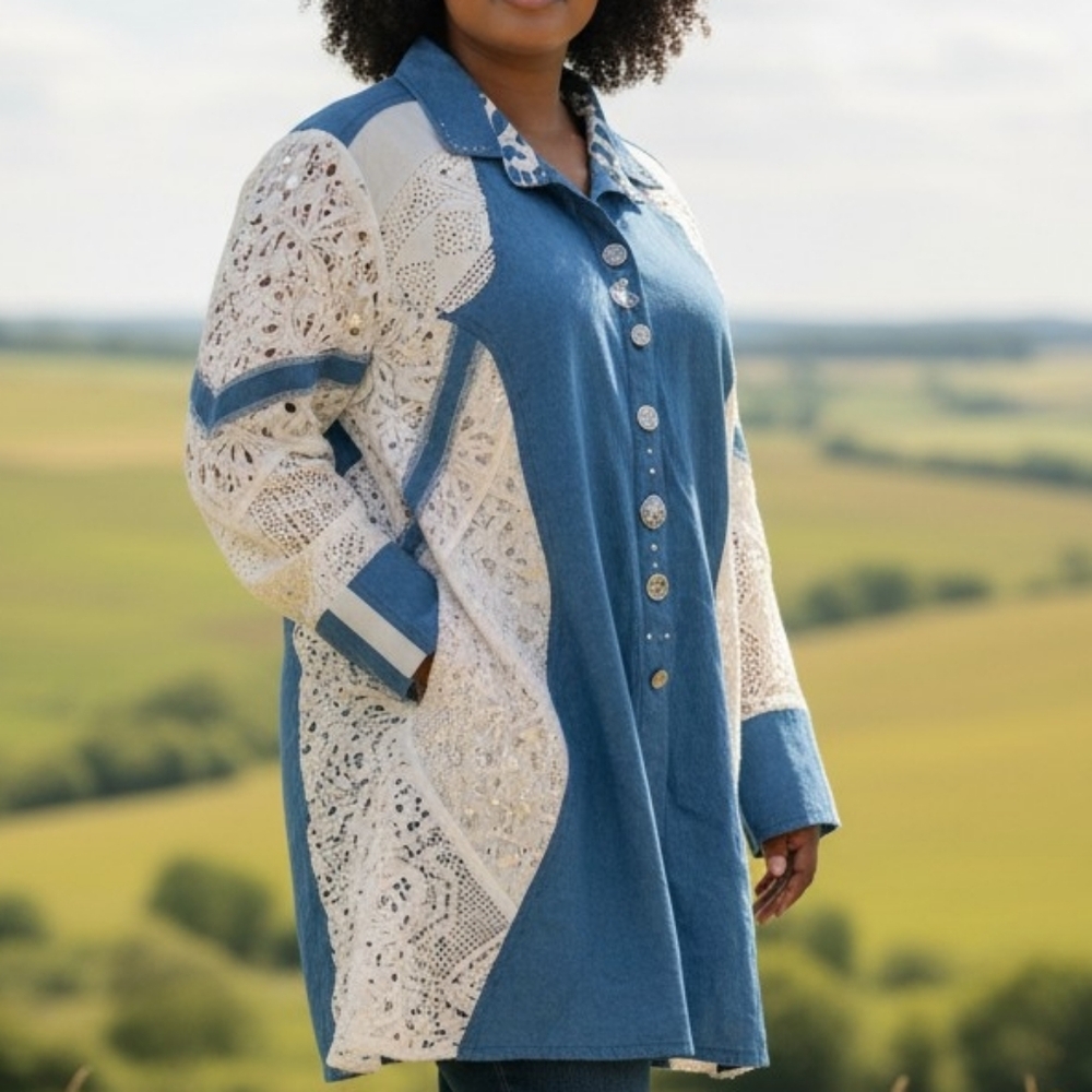 NEW! Parsley & Sage Light Blue Denim shirt with White Crochet Trim 4145